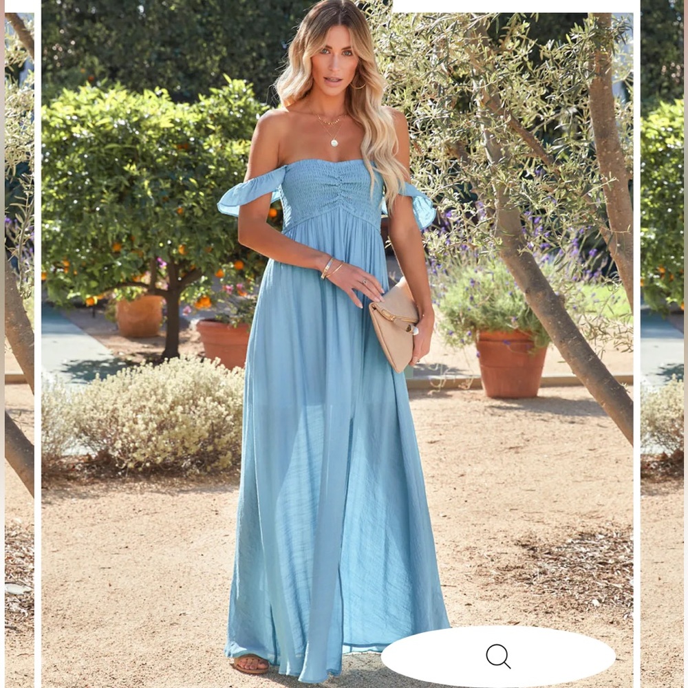 CAN'T HURRY LOVE OFF THE SHOULDER MAXI DRESS - BLUE